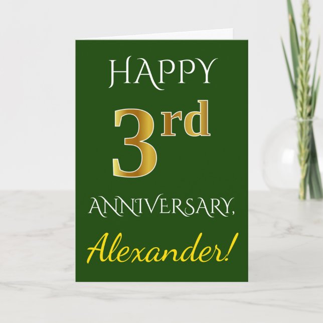Carte Vert, Faux Gold 3ème anniversaire Mariage + Nom (Devant)