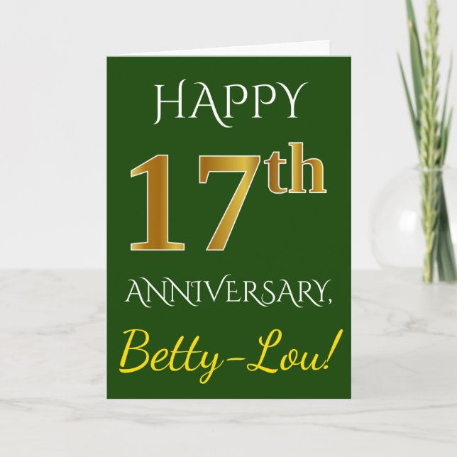 Carte Vert, Faux Or 17e Anniversaire de Mariage + Nom (Devant)