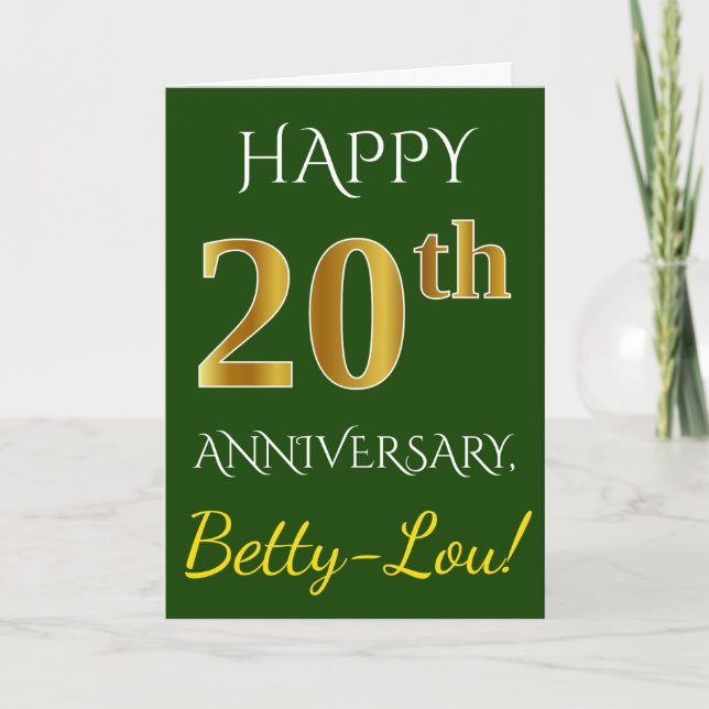 Carte Vert, Faux Or 20e Anniversaire de Mariage + Nom (Devant)