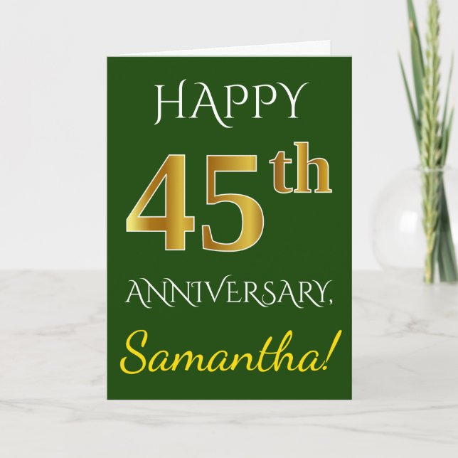 Carte Vert, Faux Or 45ème anniversaire du Mariage + Nom (Devant)