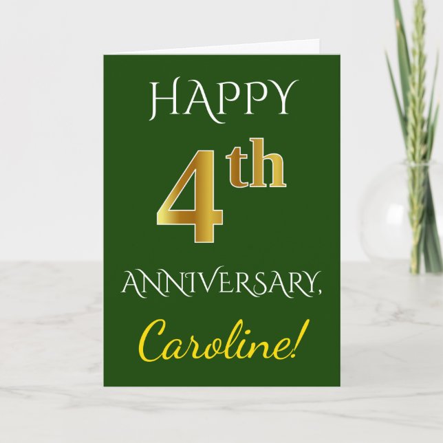 Carte Vert, Faux Or 4e Anniversaire de Mariage + Nom (Devant)