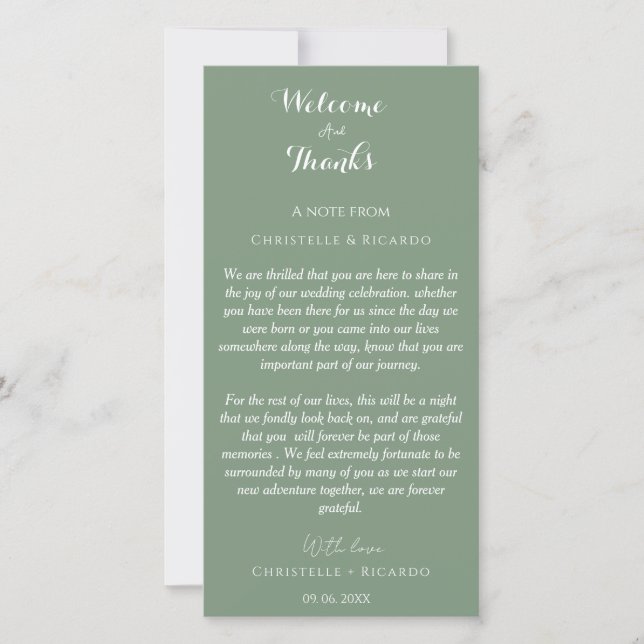 Carte Vert sage moderne Bienvenue & merci note Mariage (Devant)