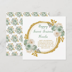 Carte Vert sauge et or Fleurs élégantes Sweet Sixteen
