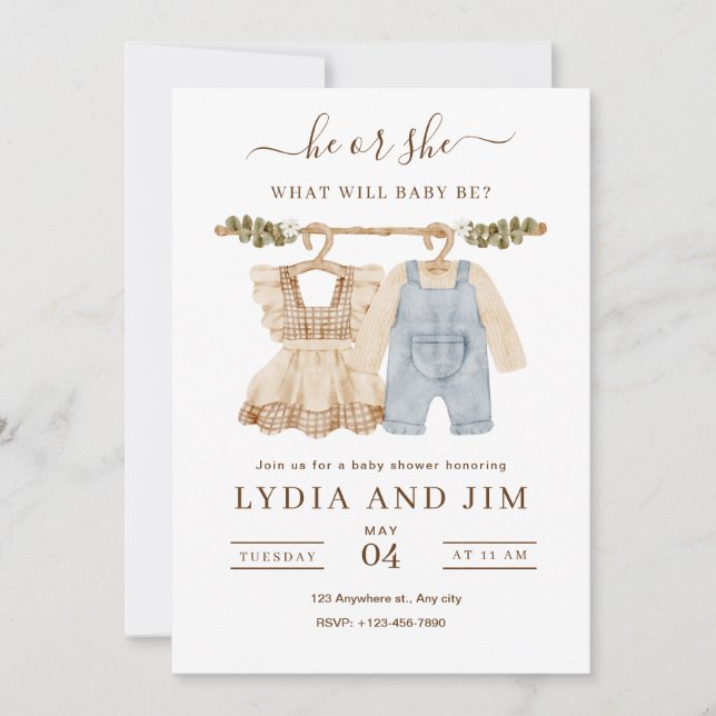 Carte Vêtements de bébé Genre Reveal Invitation, Boho Ba (Devant)