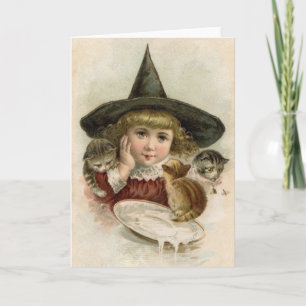 Carte Victorian Little Witch et Kittens Halloween