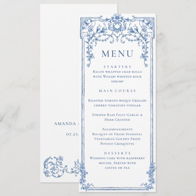 Carte Victorian Ornate Grace Floral Blue Mariage M (Devant / Derrière)