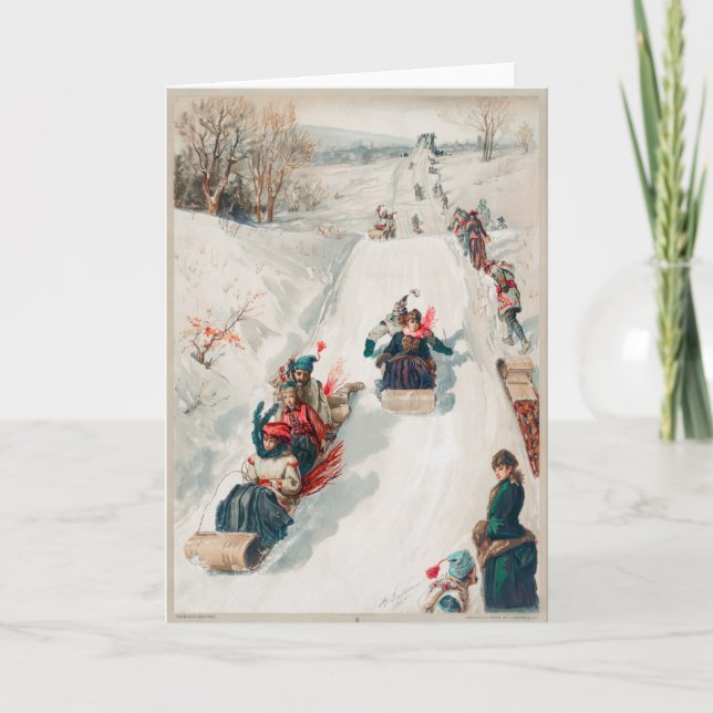 Carte Victorienne traîneau à neige en hiver scène vintag (Devant)