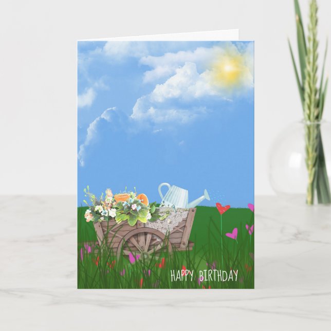 Carte vieille brouette avec des fleurs (Devant)