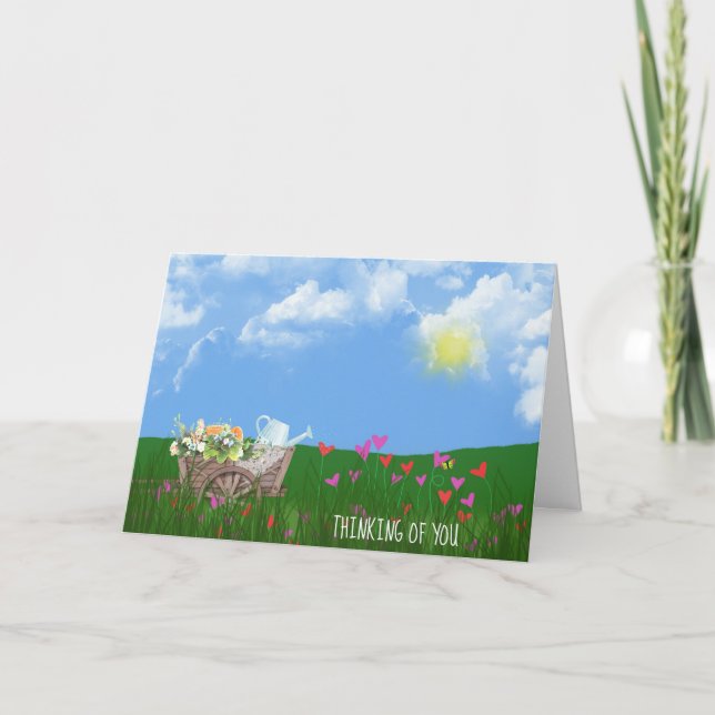 Carte vieille brouette avec des fleurs qui pensent à vou (Devant)