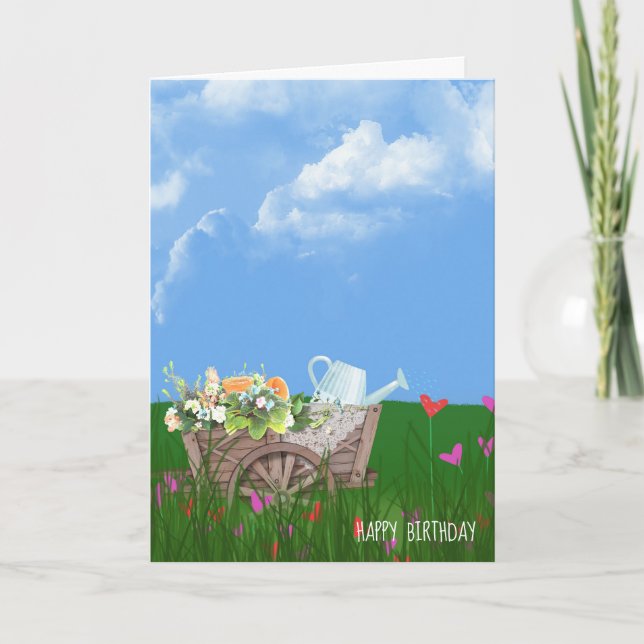 Carte vieille brouette avec fleurs anniversaire (Devant)