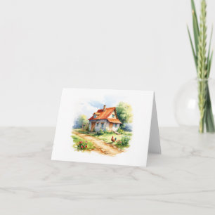 Carte Vieille ferme avec poulets, Vie rurale BLANC