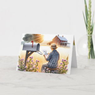 Carte Vielle dame Lire une lettre d'anniversaire de l'am