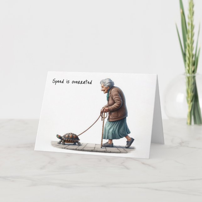 Carte Vielle dame marcher une tortue d'animaux (Devant)
