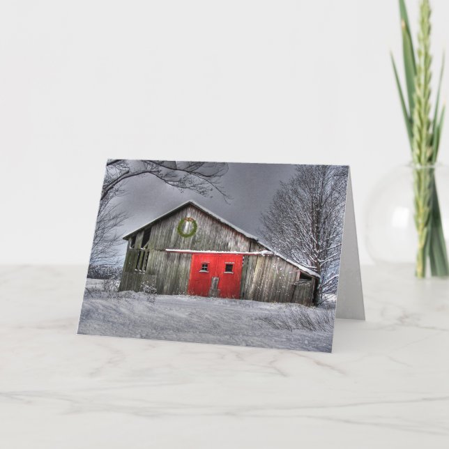 Carte Vielle grange de Noël avec portes rouges (Devant)
