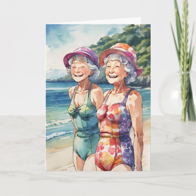 Carte Vielles Dames Sur La Plage Anniversaire (Devant)