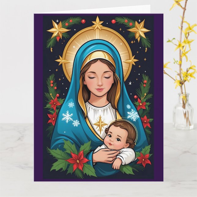 Carte Vierge catholique chrétienne Marie Noël (Fleur jaune)