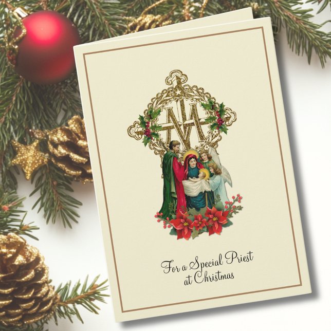 Carte Vierge catholique Marie Jésus prêtre Poinsettias (Créateur téléchargé)