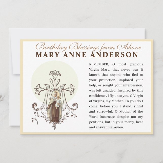 Carte Vierge Marie Mt. Carmel Catholique Prière Memorare (Devant)