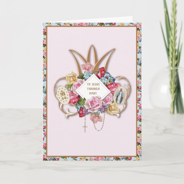 Carte Vierge Marie Roses religieux Rosaire Floral Cathol (Devant)