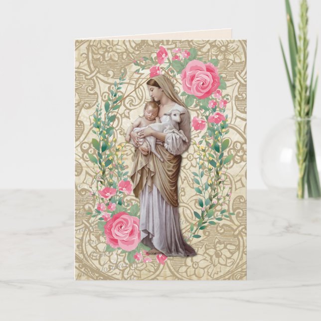 Carte Vierge religieuse Marie Jésus Agneau Chalice Bible (Devant)