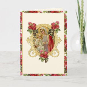 Carte Vierge religieuse Marie Jésus Rouge Floral Catholi