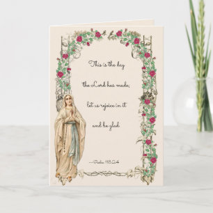 Carte Vierge religieuse Marie Rosaire Écriture Florale