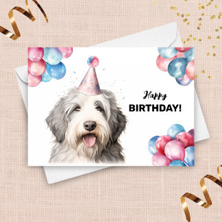 Carte Vieux anglais Sheepdog Balloons Casquette fête Ann