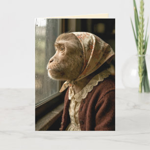 Carte Vieux singe d'anniversaire regardant la pluie