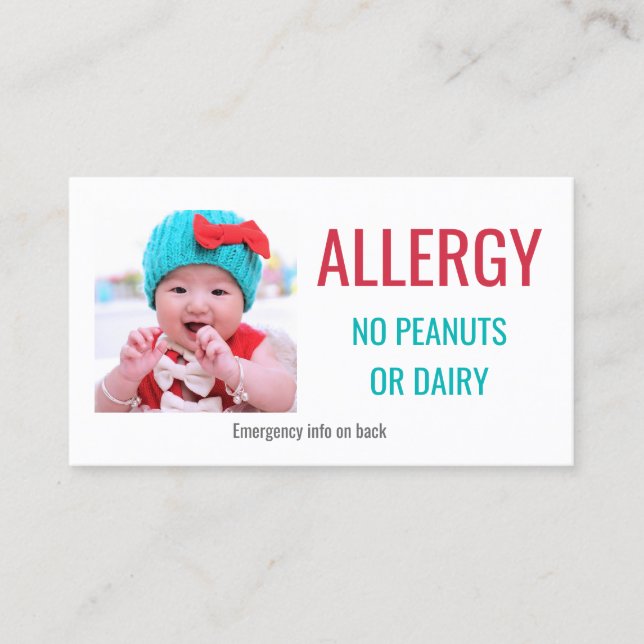 Carte vigilante Médicale d'allergie alimentaire (Devant)