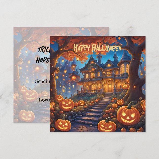 Carte villa éffrayante dans la forêt, citrouilles, Hallo (Devant / Derrière)