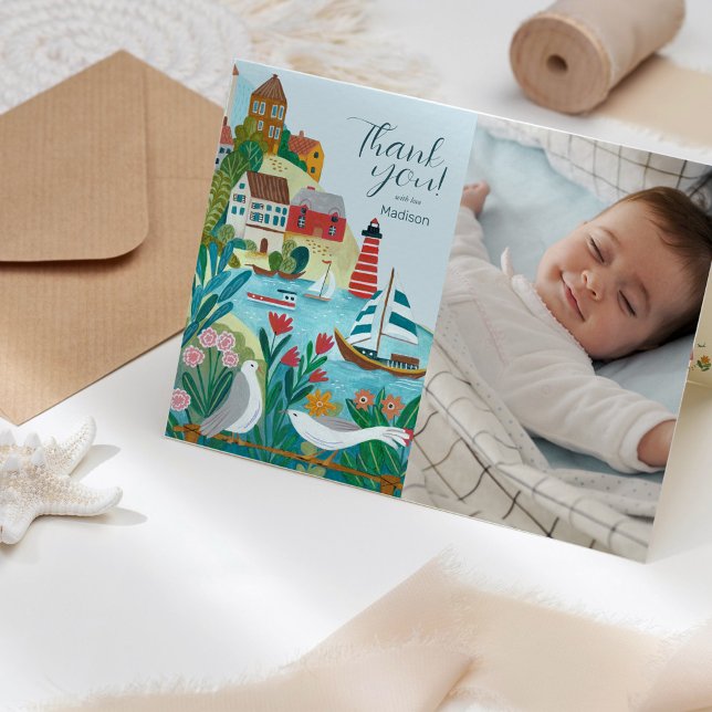 Carte Village côtier Baby shower photo Merci (Coastal Village Baby Shower Photo Thank you Card)
