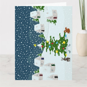 Carte Village de neige de Noël avec arbre de Noël et ani