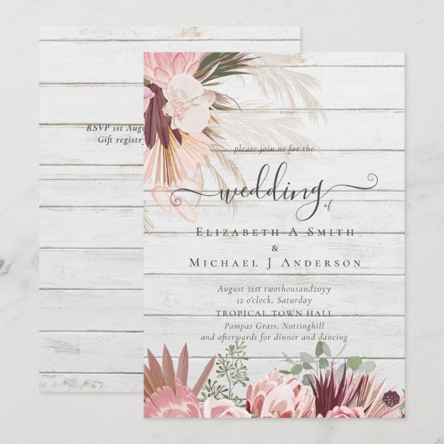 Carte Vin de Bourgogne Pampas Grass Mariage Tropical (Devant / Derrière)