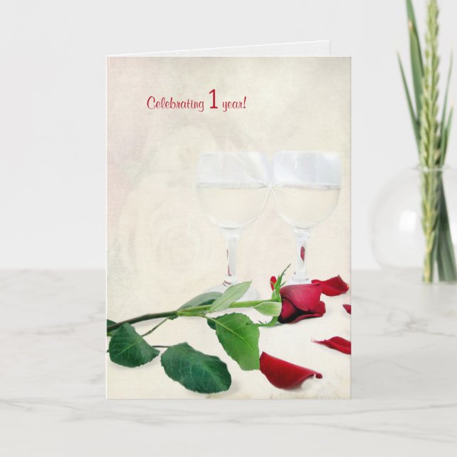 Carte vin et rose rouge pour le 1er anniversaire (Devant)