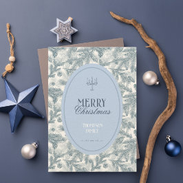 Carte Vintage Blue Pine Branches Flat Christmas Card