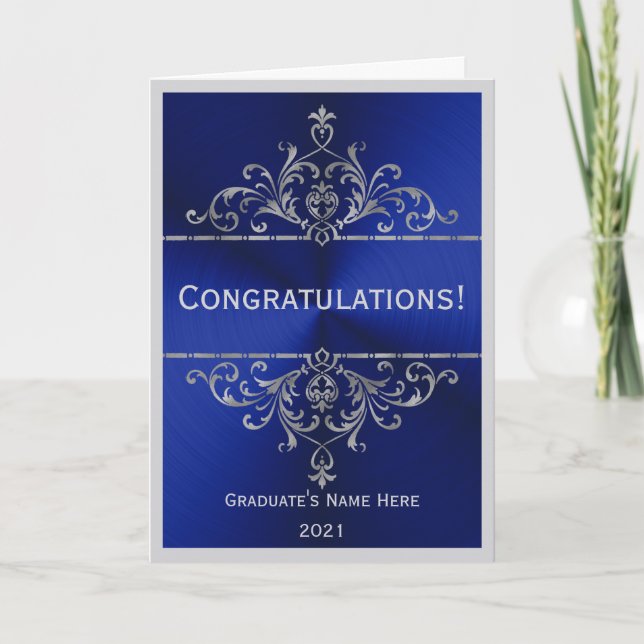 Carte Vintage Blue Silver Nom Félicitation Graduation (Devant)