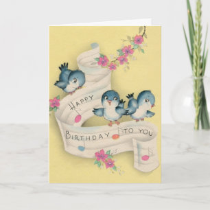 Carte Vintage - Bluebirds chantant un joyeux anniversair