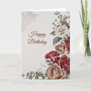 Carte Vintage Bronze Rouge Roses Blanches Floral Anniver