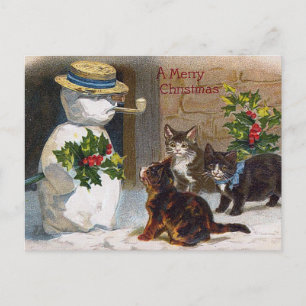Carte Vintage Christmas Snowman & Kittens