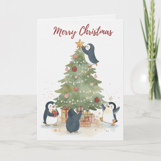 Carte Vintage Christmas Tree Penguins Card (Devant)