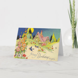 Carte Vintage Cottage Birthday Greeting Card