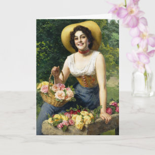 Carte Vintage Dame Avec Panier De Roses