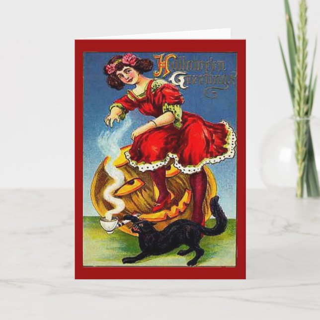 Carte Vintage dame d'Halloween en rouge (Devant)
