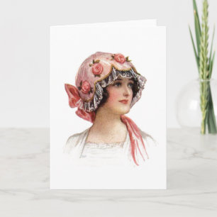 Carte Vintage dame en soie Bonnet à fleurs