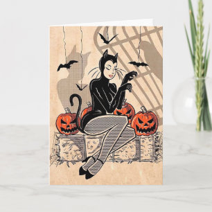 Carte Vintage Dame Halloween En Costume Chat
