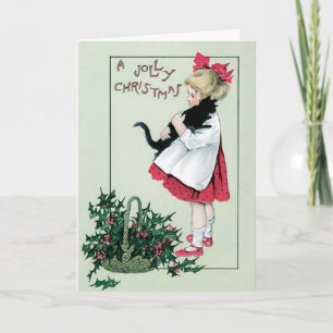 Carte vintage de Joyeux Noël - fille et chat