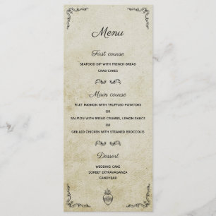 Carte vintage de menu mariage romantique