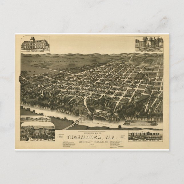 Carte vintage de Tuskaloosa, Alabama - 1887 (Devant)