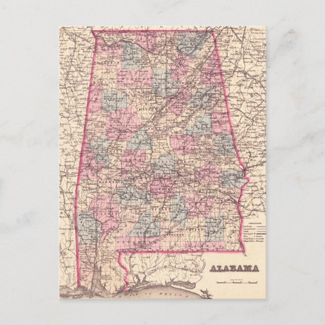 Carte vintage des comtés de l'Alabama (1876) (Devant)