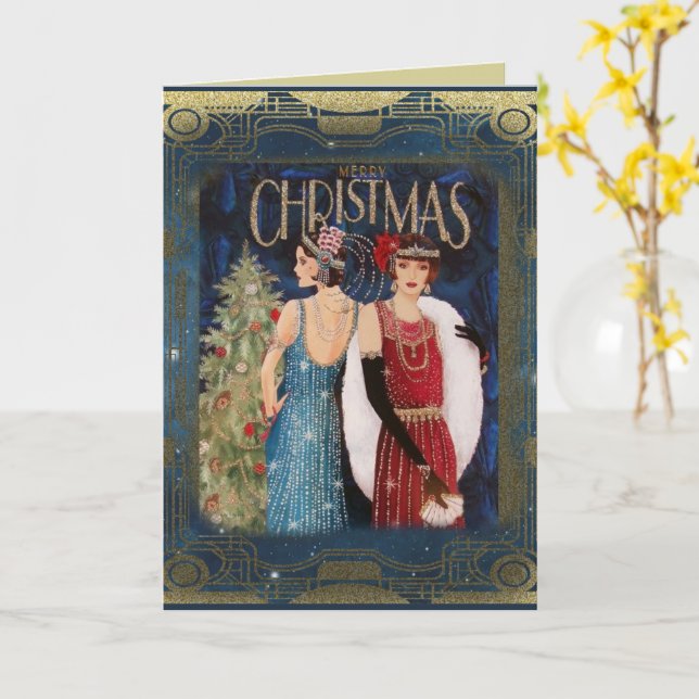 Carte Vintage Élégante Dames Noël Étincelle (Fleur jaune)